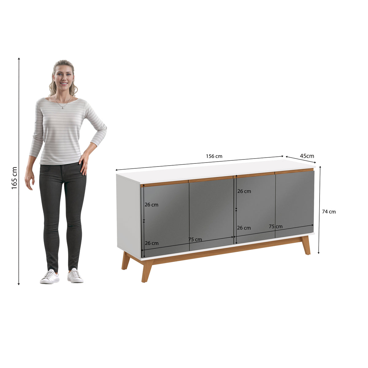 Aparador Bufetero Kappesberg 156cm 4 Puertas Blanco/Gris