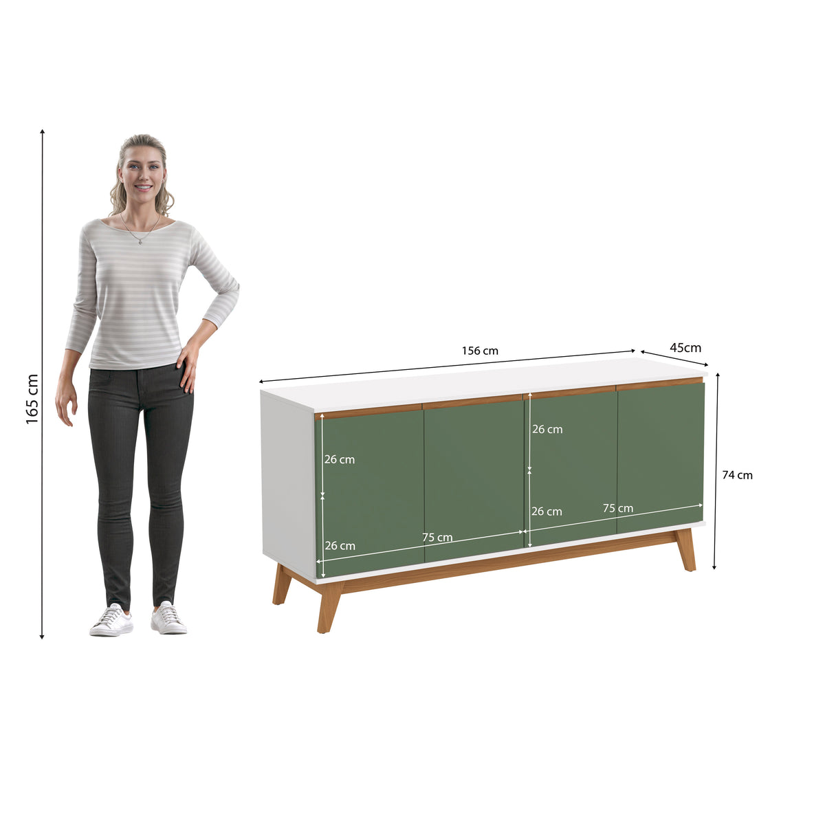 Aparador Bufetero Kappesberg 156cm 4 Puertas Blanco/Verde